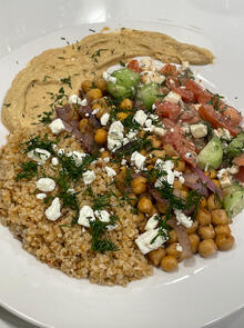 Bulgur bowl, chickpeas, hummus, and feta salad, Bulgur bowl, chickpeas, hummus, and feta salad,