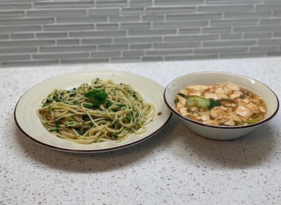 Spaghetti aglio e olio & silken tofu and bokchoy stir-fry Spaghetti aglio e olio & silken tofu and bokchoy stir-fry